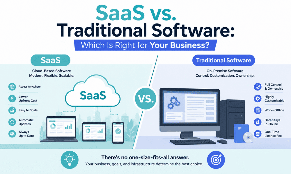An infographic comparing SaaS and Traditional Software, highlighting cloud benefits like flexibility and easy scaling on one side, and on-premise advantages like control and offline access on the other.