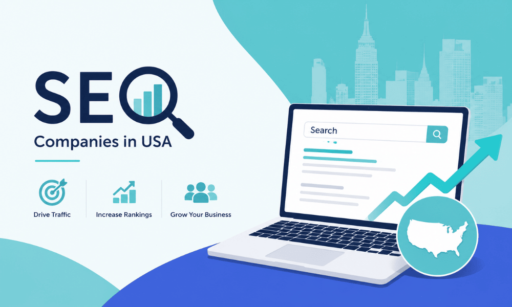 An SEO companies in USA graphic featuring a laptop with search results and a US map icon.