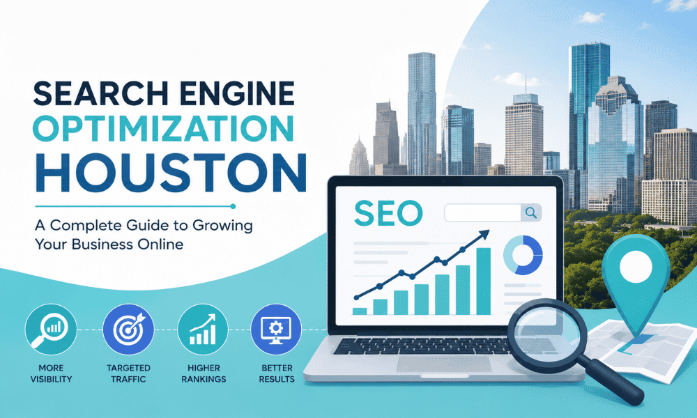Houston SEO guide graphic featuring a laptop with growth charts and the city skyline.