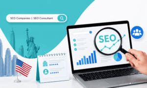 A laptop with SEO charts, a US flag, and a search bar for SEO services against a NYC skyline backdrop.