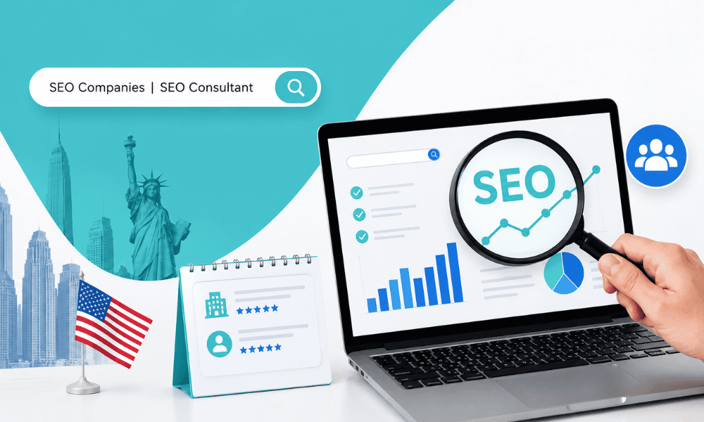 A laptop with SEO charts, a US flag, and a search bar for SEO services against a NYC skyline backdrop.