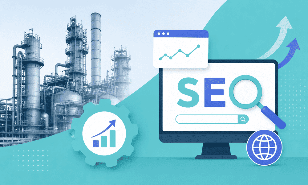 Industrial factory with SEO dashboard, growth chart, and search interface in teal and blue tones