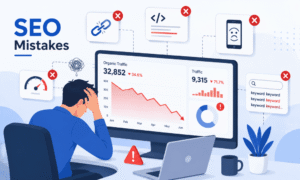 An illustration titled "SEO Mistakes" depicting a stressed man at his desk looking at a computer screen with a declining traffic graph, surrounded by icons representing common SEO errors like broken links, slow page speed, and keyword stuffing.