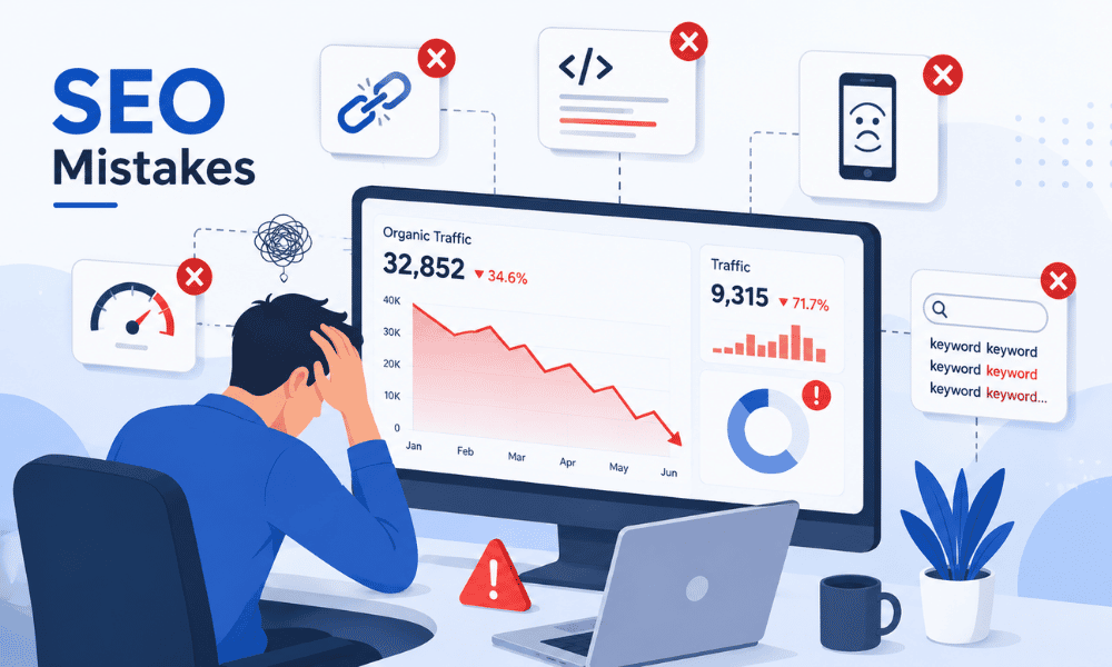 An illustration titled "SEO Mistakes" depicting a stressed man at his desk looking at a computer screen with a declining traffic graph, surrounded by icons representing common SEO errors like broken links, slow page speed, and keyword stuffing.