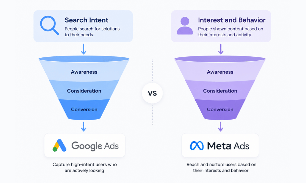 Google Ads vs Meta Ads comparison showing search difference between both