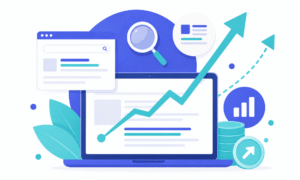 Flat vector illustration symbolizing digital marketing and growth, showing a laptop with a rising cyan arrow, a search engine interface, and statistical graphics.
