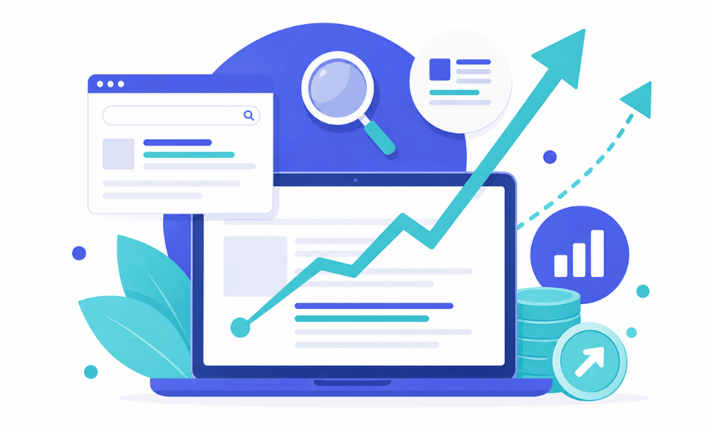 Flat vector illustration symbolizing digital marketing and growth, showing a laptop with a rising cyan arrow, a search engine interface, and statistical graphics.