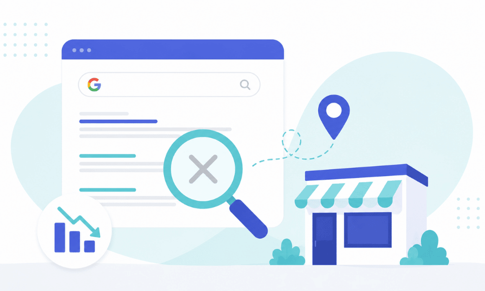 An illustration depicting declining local search visibility, featuring a Google search results page with a crossed-out magnifying glass, a physical storefront, and a downward-trending bar chart.