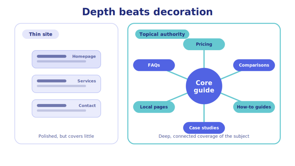 Topical authority content cluster compared with a thin website